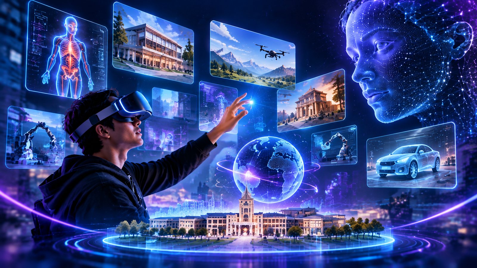 A developer in a headset reaching into floating holographic panels showing anatomy, architecture, drones, heritage sites and vehicles.